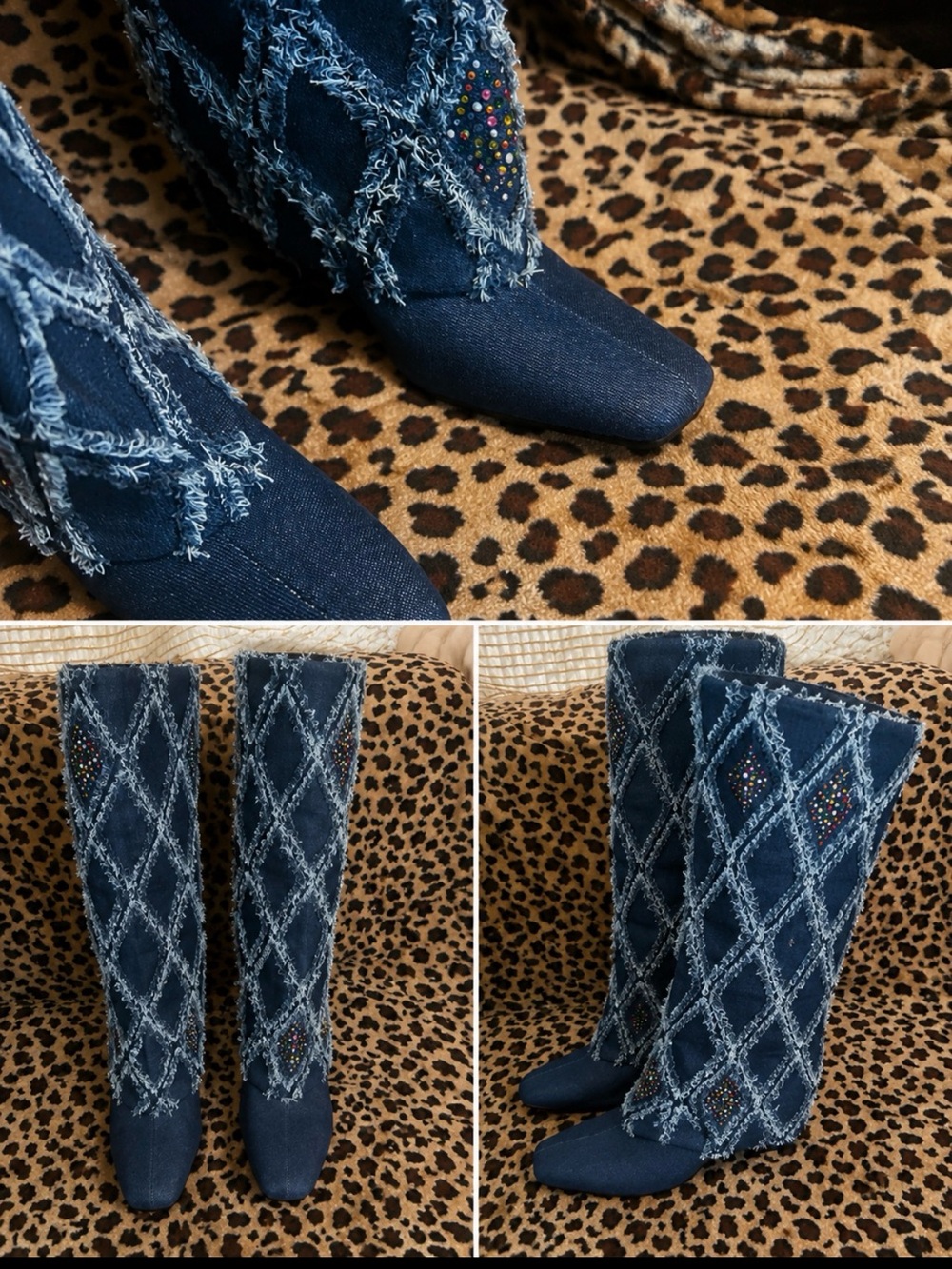 Cape Robbin Navy Denim Frayed Knee-High Heeled Boots with Multicolor Studs